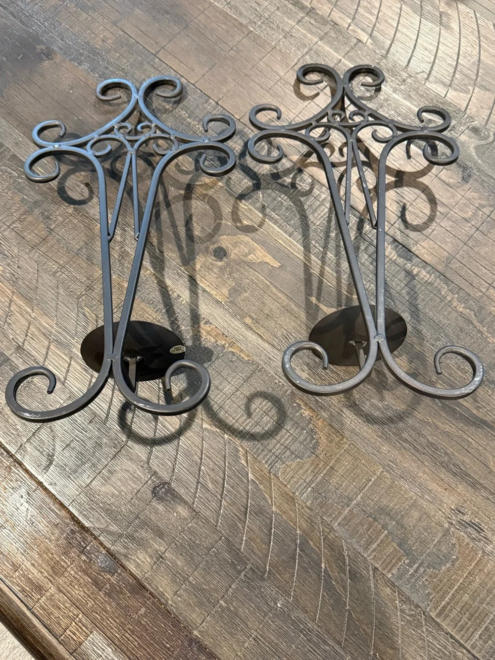 Vintage Pair Wrought Iron Sconces Wall Hanging Scrollwork Pillar Candle Holder